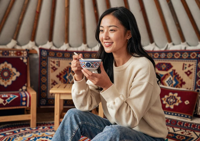 Mongolian woman in casual clothing holding traditional milk tea inside a modern ger with colorful Mongolian carpets