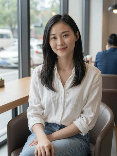 Xiao Wei, 27, Chinese woman from Guangzhou at a modern bright cafe