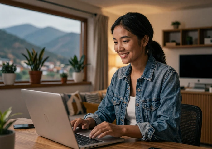 Bhutanese woman video chatting with her partner on laptop in modern Thimphu apartment
