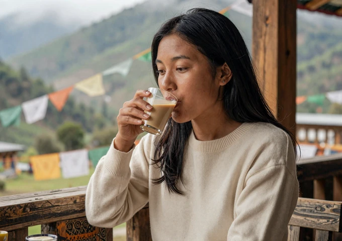 Bhutanese woman enjoying traditional butter tea on a mountain porch with Himalayan valley view