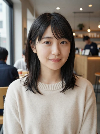 Yuki, 27, Japanese woman from Tokyo smiling in cafe