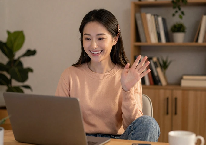 Chinese woman video chatting with her partner from her modern Shanghai apartment