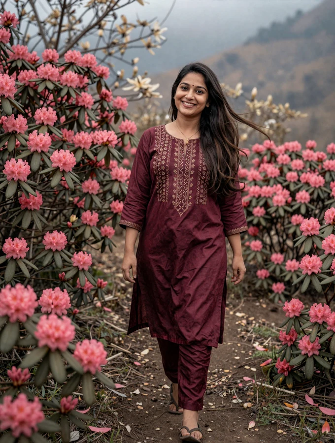 Elegant Nepali woman in traditional kurta standing in a blooming rhododendron garden with Himalayan mountains