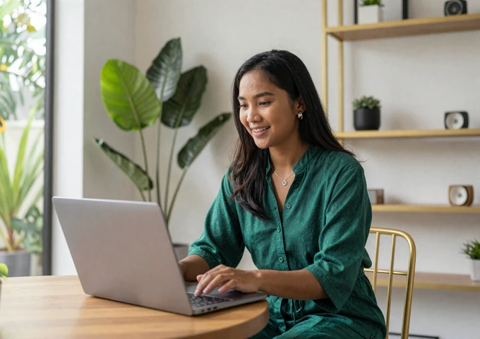 Bruneian woman in modern modest outfit video chatting on laptop in bright contemporary Brunei apartment
