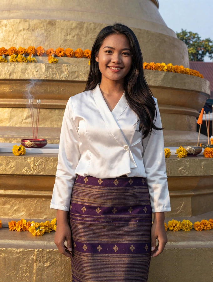 Elegant Laotian woman wearing traditional hand-woven sinh skirt and silk blouse near golden Buddhist stupa