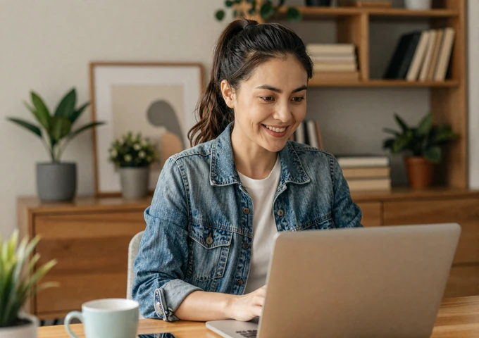 Burmese woman video chatting on laptop in a cozy modern apartment with warm lighting and plant decor