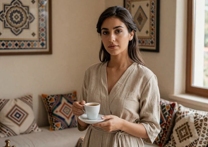 Jordanian woman serving traditional Arabic coffee in a warmly decorated room with Jordanian mosaic art