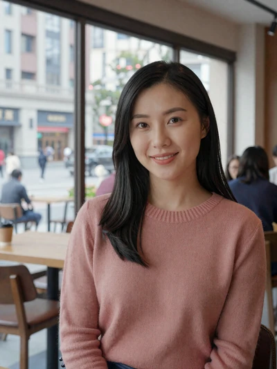 Mei Ling, 28, Chinese woman from Shanghai smiling in modern cafe