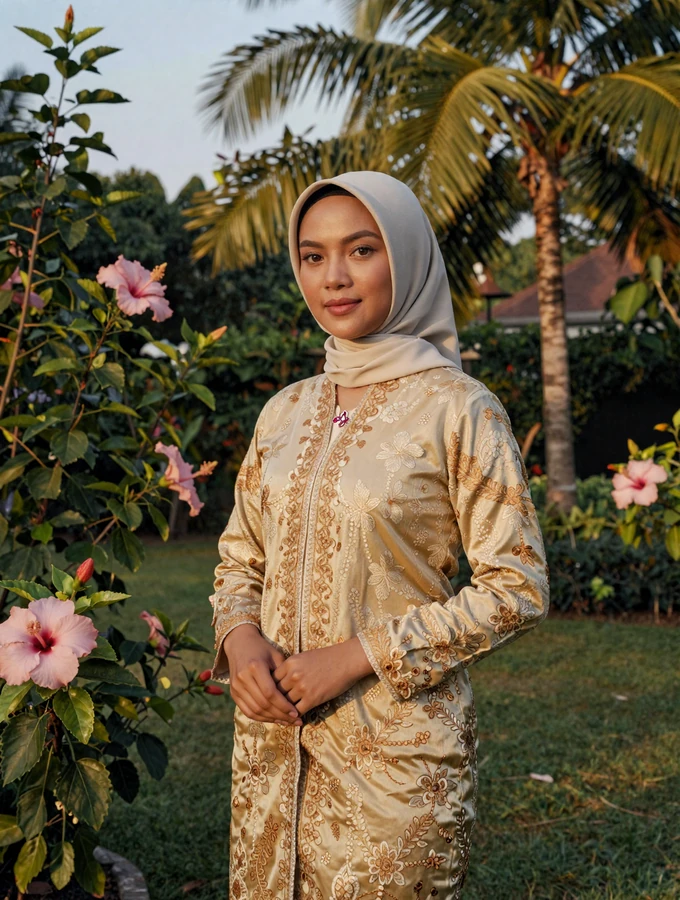 Elegant Bruneian Malay woman wearing gold and ivory baju kurung in lush tropical garden with warm golden light