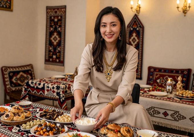 Kazakh woman preparing traditional dastarkhan table spread with baursak bread and kumys in a warmly decorated dining room