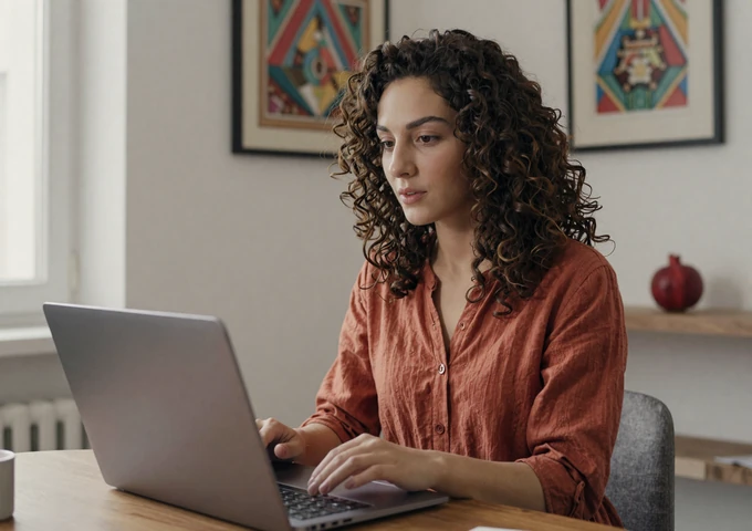 Armenian woman video chatting on laptop in modern Yerevan apartment with Armenian art and pomegranate decor