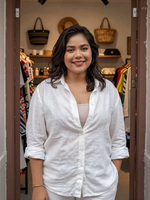 Ploy, 29, Thai woman from Phuket in boutique shop doorway