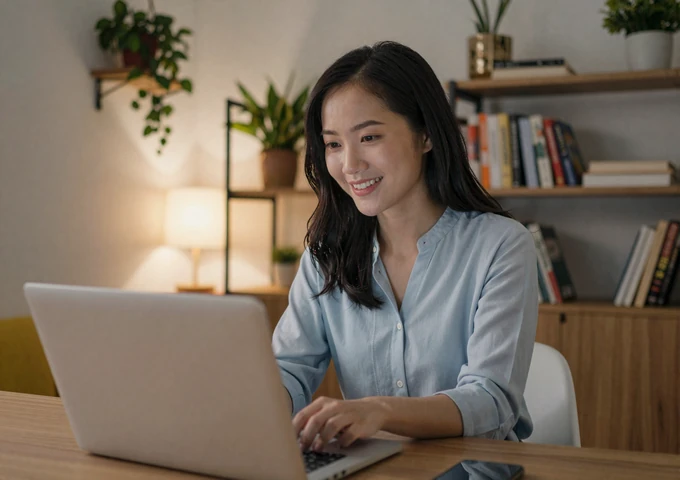Vietnamese woman video chatting with her partner from her modern Hanoi apartment