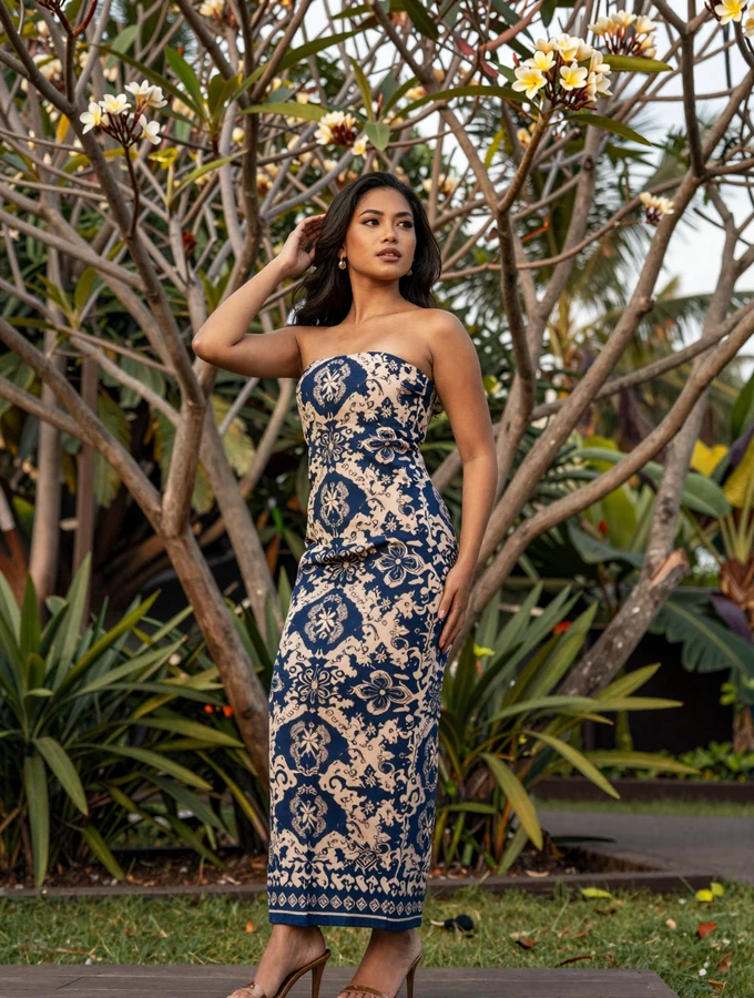 Elegant Indonesian woman wearing a modern batik dress in a tropical Balinese garden