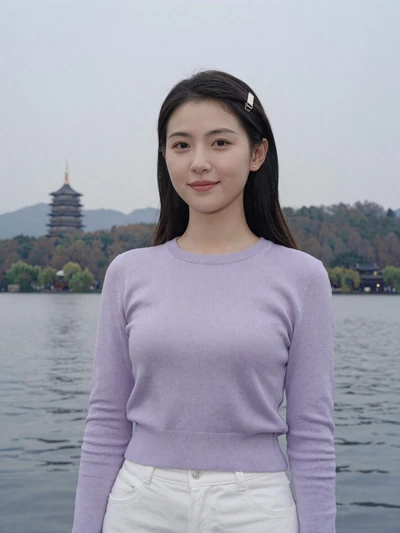 Lin Wei, 28, Chinese woman from Hangzhou near scenic lake