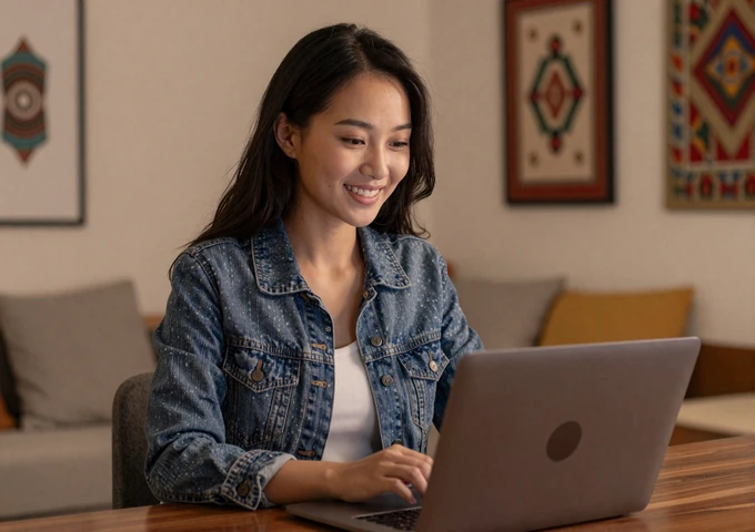 Mongolian woman video chatting on laptop in modern apartment with Mongolian artwork decor