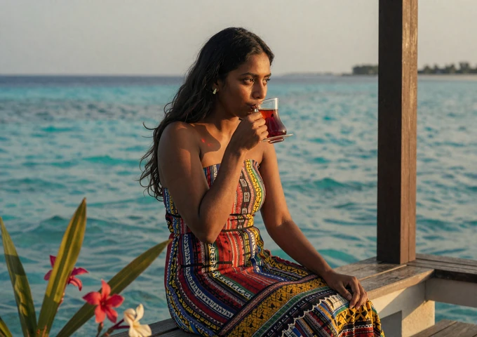 Maldivian woman enjoying traditional tea on a veranda overlooking the turquoise Indian Ocean