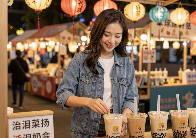 Taiwanese woman at a vibrant night market in Taipei preparing bubble tea with colorful lanterns in background