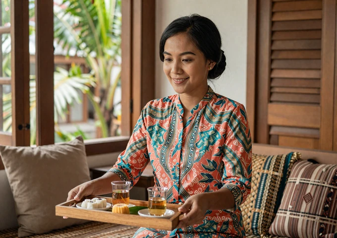Malaysian woman in modern batik blouse serving traditional tea and kuih pastries in a warm Malaysian home setting