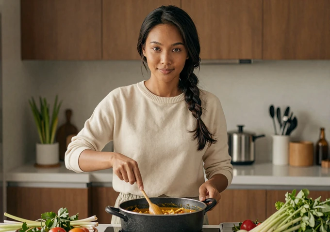 Cambodian woman cooking traditional Khmer curry with fresh lemongrass in a modern kitchen