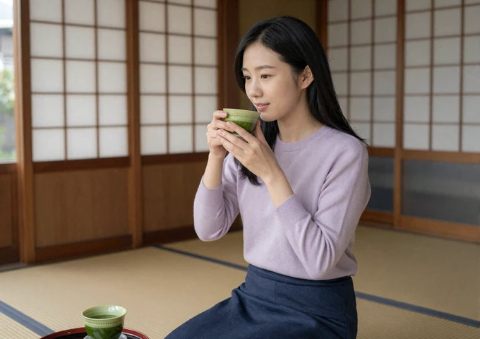 Japanese woman enjoying matcha green tea in a traditional tea house in Kyoto