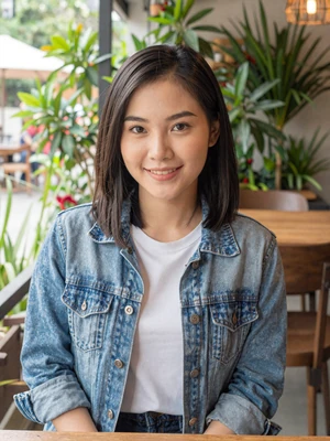 Nong, 24, Thai woman from Chiang Mai at outdoor cafe with warm smile