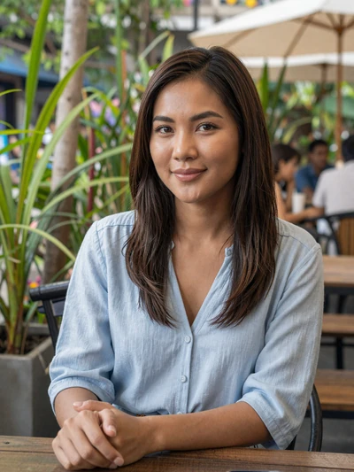 Nattaya, 27, Thai woman from Bangkok sitting at an outdoor cafe smiling warmly