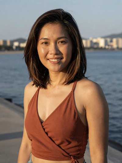 Thao, 30, Vietnamese woman from Da Nang on beach promenade