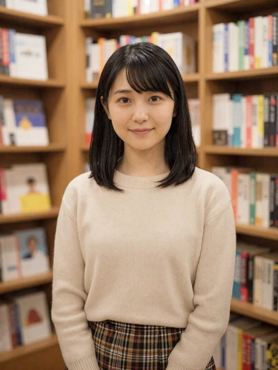 Yuki, 25, Japanese woman from Osaka smiling in cozy bookshop