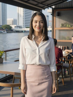 Nattaya, 27, Thai woman from Bangkok at riverside cafe