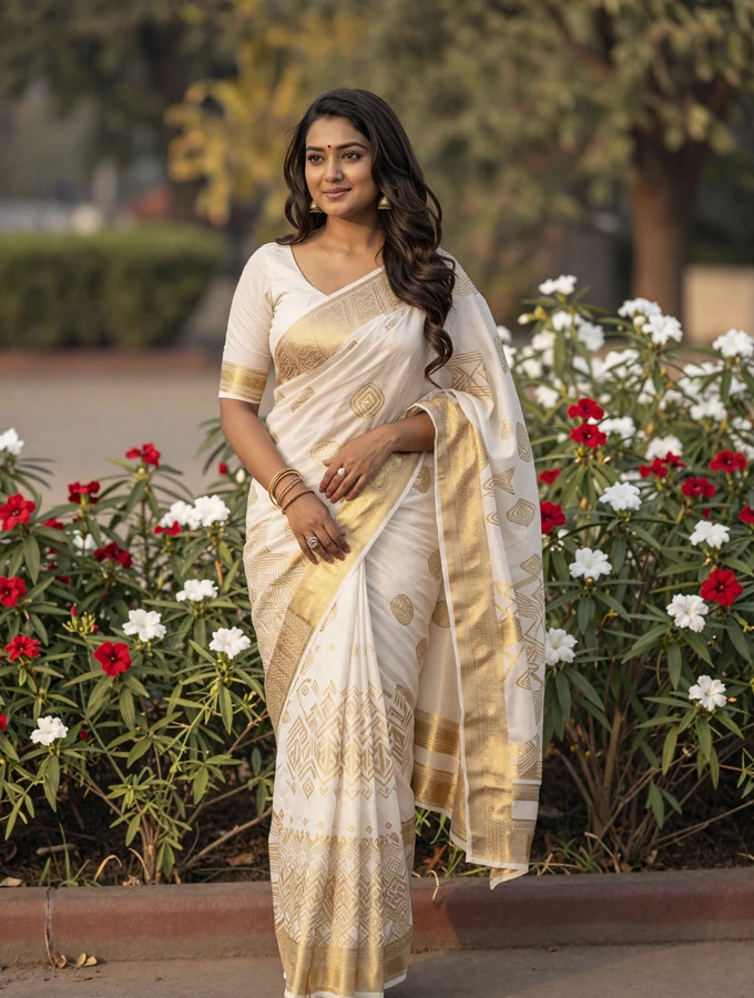 Elegant Bangladeshi woman wearing a traditional jamdani saree in a blooming garden