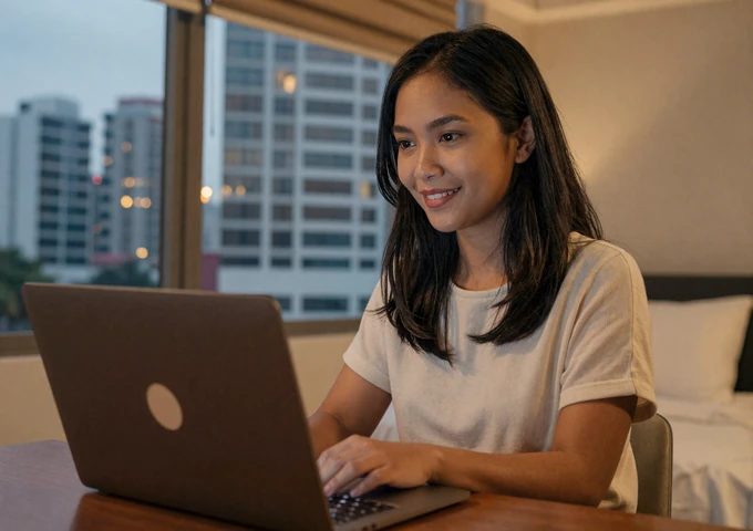 Indonesian woman video chatting with her partner from her modern Jakarta apartment