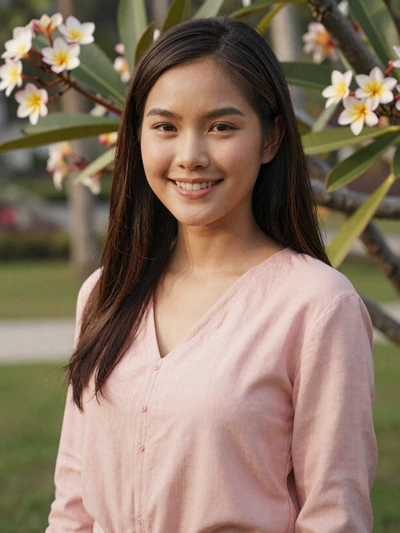 Ploy, 25, Thai woman from Bangkok in tropical garden with flowers