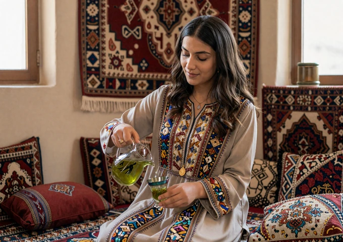 Afghan woman in traditional embroidered dress serving green tea in a warmly decorated room with Afghan carpets