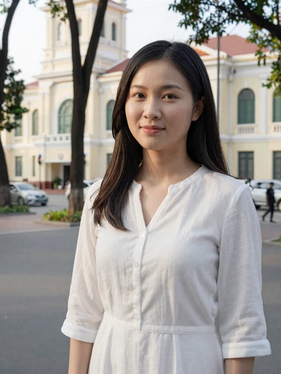 Linh, 26, Vietnamese woman from Ho Chi Minh City on a tree-lined boulevard