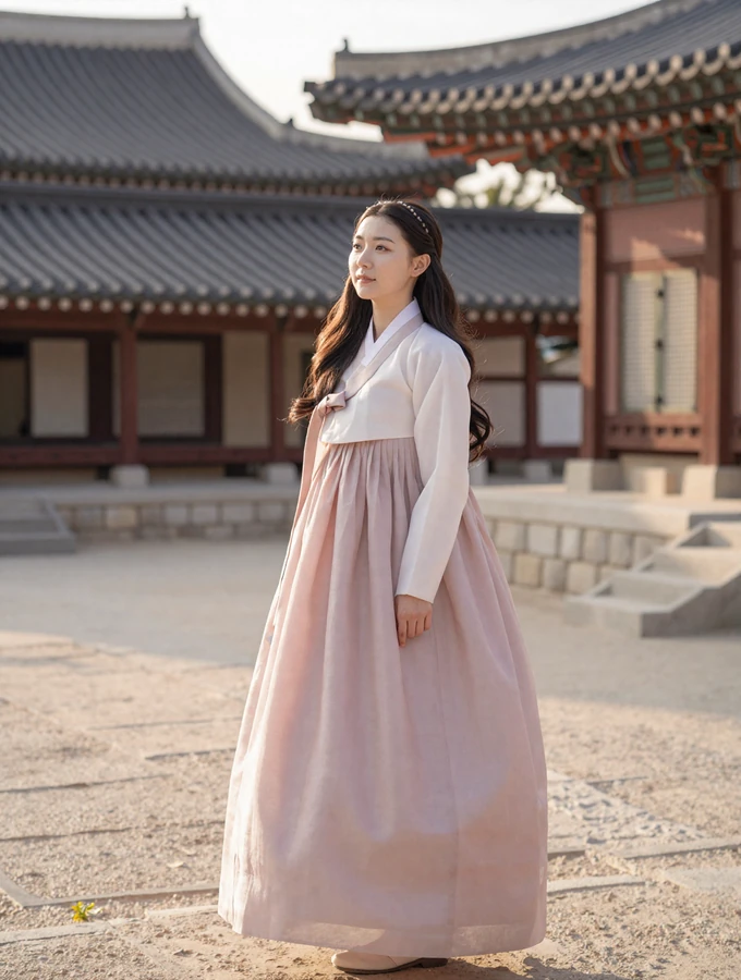 Elegant Korean woman in modern hanbok-inspired dress at a traditional palace courtyard in Seoul