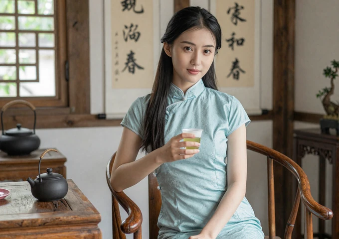 Chinese woman enjoying traditional green tea in an elegant Beijing tea room