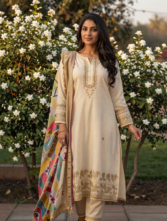 Elegant Pakistani woman wearing traditional embroidered shalwar kameez in a jasmine garden