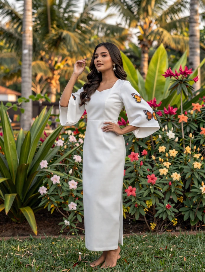 Elegant Filipina woman wearing a traditional terno dress in a blooming tropical garden