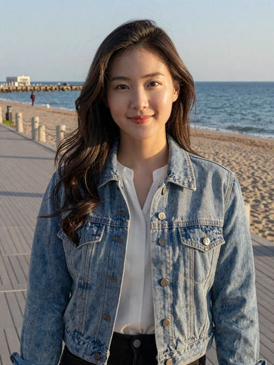 Hana, 27, Korean woman from Busan on seaside boardwalk at golden hour