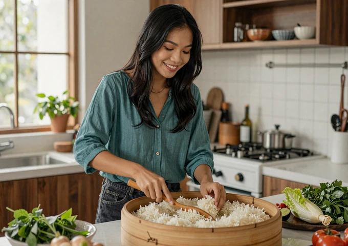 Laotian woman cooking traditional sticky rice in a bamboo steamer in a warm modern kitchen