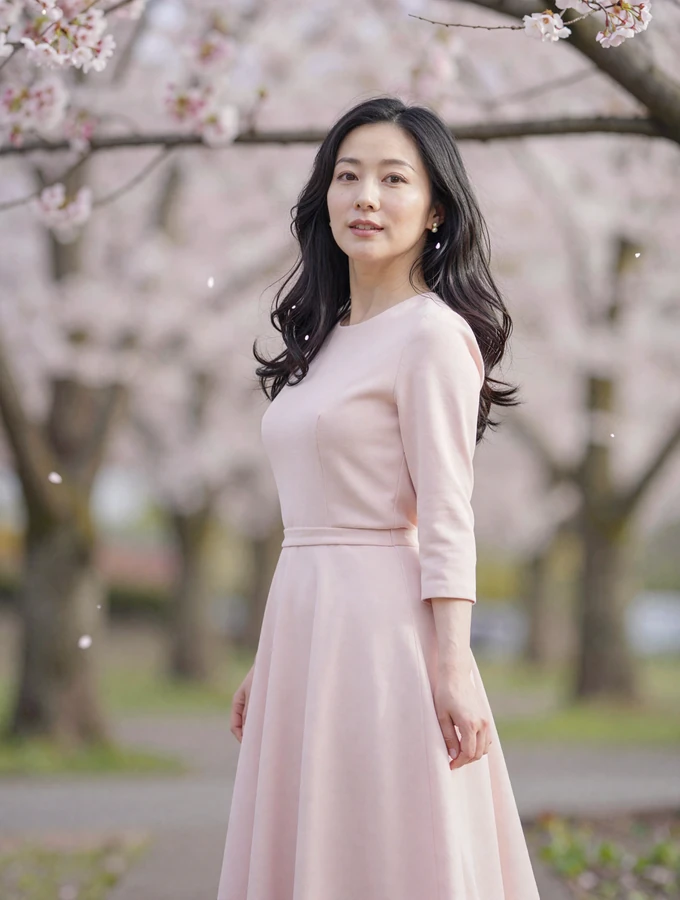 Elegant Japanese woman wearing a sophisticated pink dress in a blooming cherry blossom garden