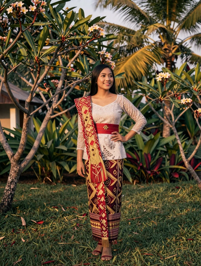Elegant Timorese woman wearing modern dress with traditional tais textile details standing in a tropical garden
