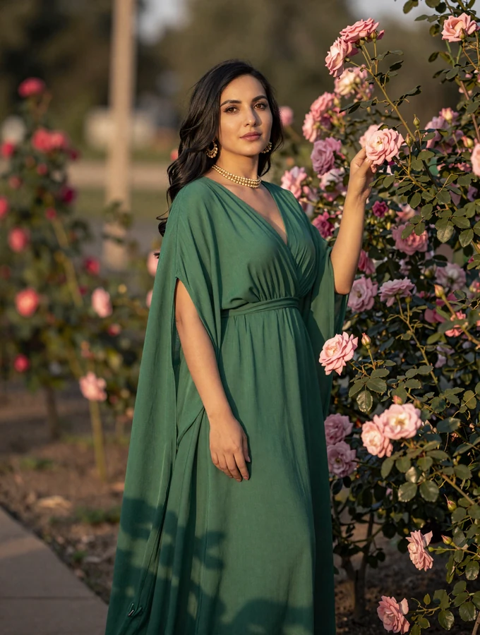 Elegant Uzbek woman in modern emerald green dress standing in a blooming rose garden with golden evening light