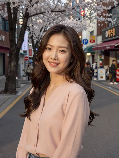 Soo-Jin, 25, Korean woman from Seoul on cherry blossom street