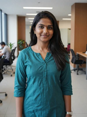 Ananya, 29, Indian woman from Bangalore in modern office setting