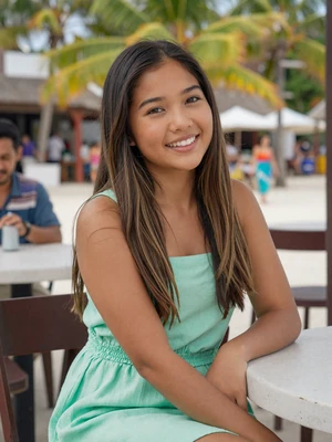 Malaya, 23, Filipina woman from Davao at outdoor beach cafe