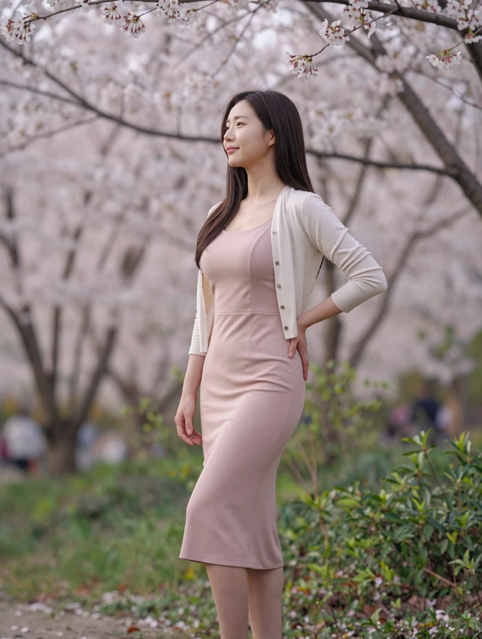 Elegant Korean diaspora woman standing in a cherry blossom garden wearing a dusty rose dress