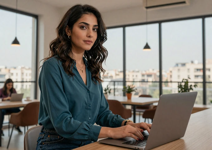 Professional Jordanian woman working on laptop in modern Amman coworking space with city skyline view