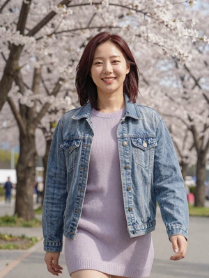 Minji, 28, Korean woman from Incheon walking through cherry blossom park